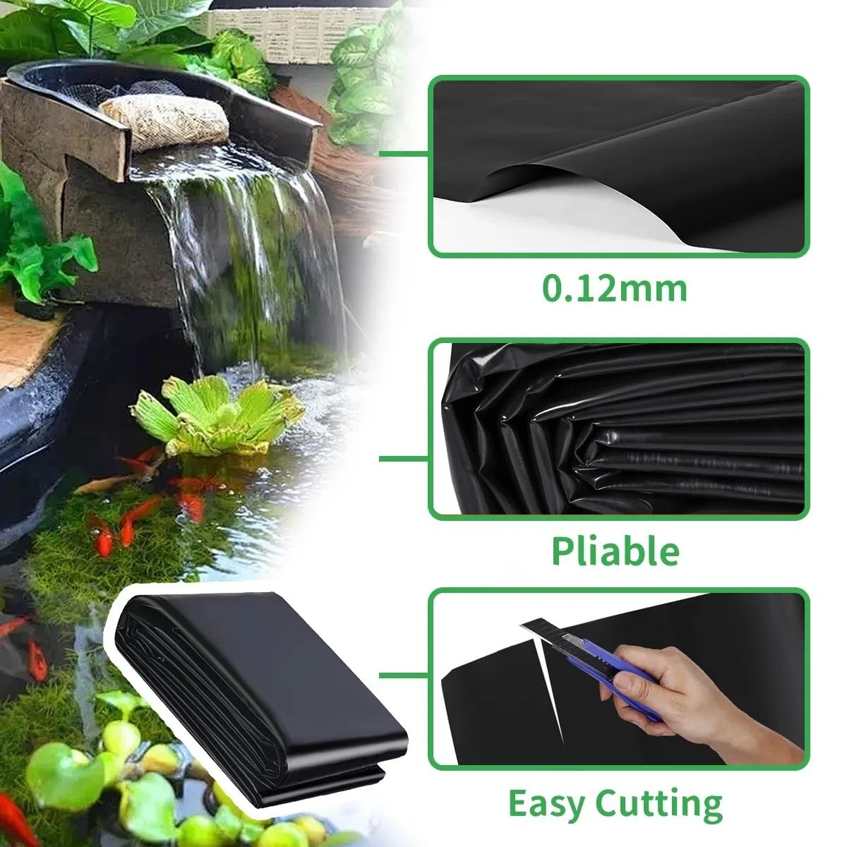 Este Revestimiento Impermeable de Alta Resistencia para estanques de koi de 10x10 m es Ideal para Fuentes, paisajismo, estanques de Peces y Elementos acuáticos de jardín.