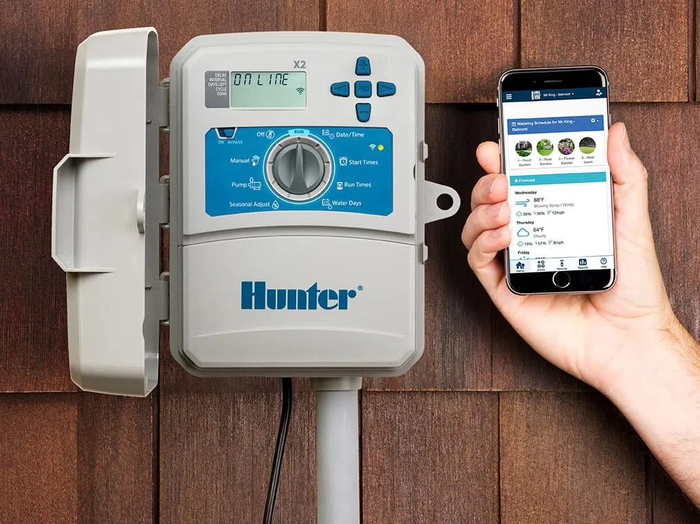 Hunter Hydrawise X2-400 - Controlador Hydrawise de 4 estaciones incluido con módulo WiFi Wand X2 4 zonas para exteriores o interiores, temporizador de riego X2400