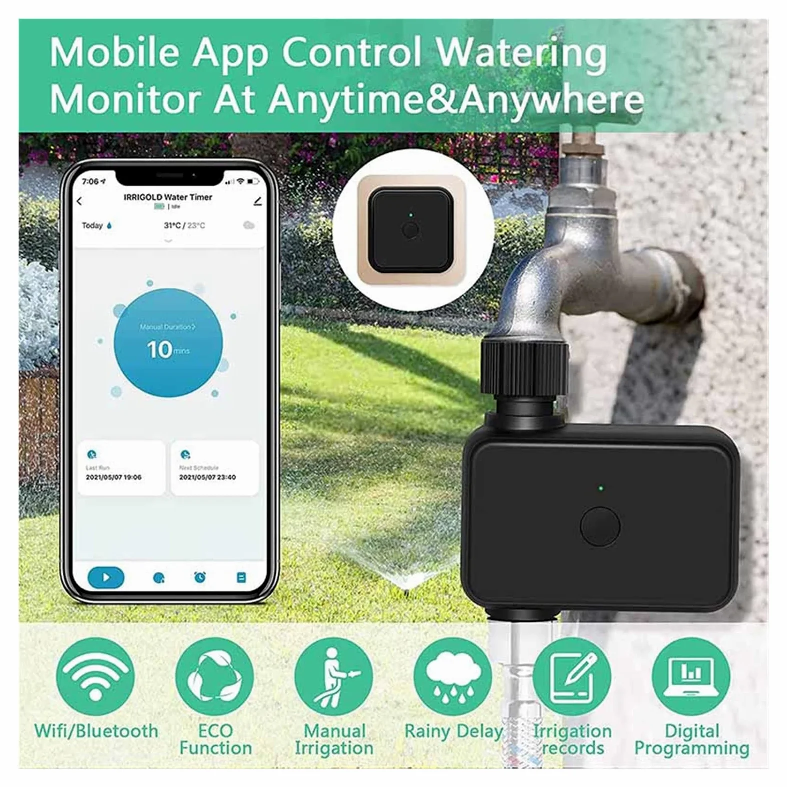 Temporizador de riego por aspersión inteligente Temporizador de aspersión de jardín, temporizador de agua con control Wifi 15 programas de riego separados Válvula de agua inteligente Seguimiento del