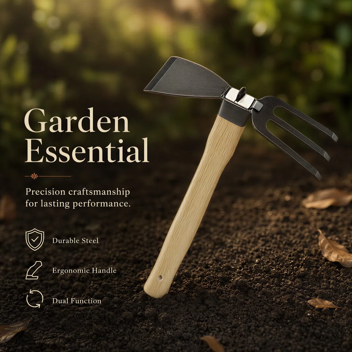 Azada de jardín 2 en 1 para deshierbar y labrar, mango largo, herramienta de púas de acero al carbono con mango ergonómico de madera, ideal para aflojar y rascar el suelo, fácil de usar