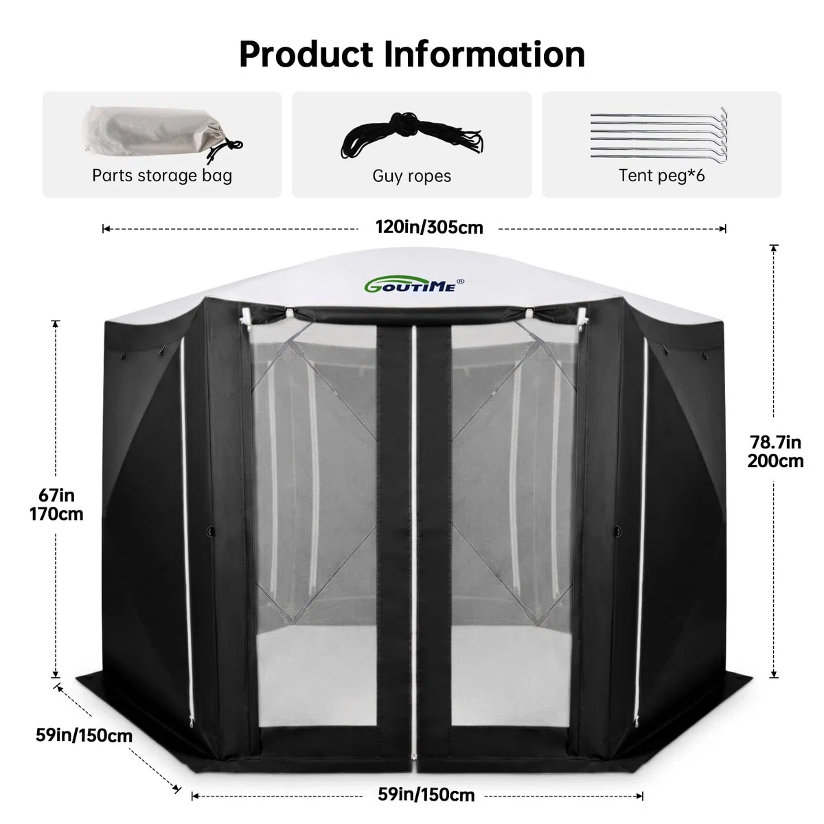 Goutime Tienda de Jardín Hexagonal 3x3m, Toldo Plegable de Apertura Rápida