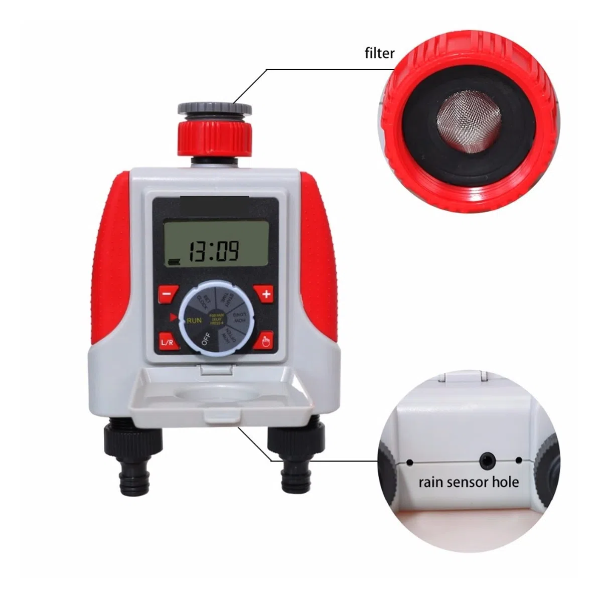 Válvula de agua inteligente Apagado Temporizador de riego automático dual de 2 salidas Válvula solenoide electrónica digital 21068 y sensor de lluvia 21103 y sensor de humedad 21106 Control remoto W