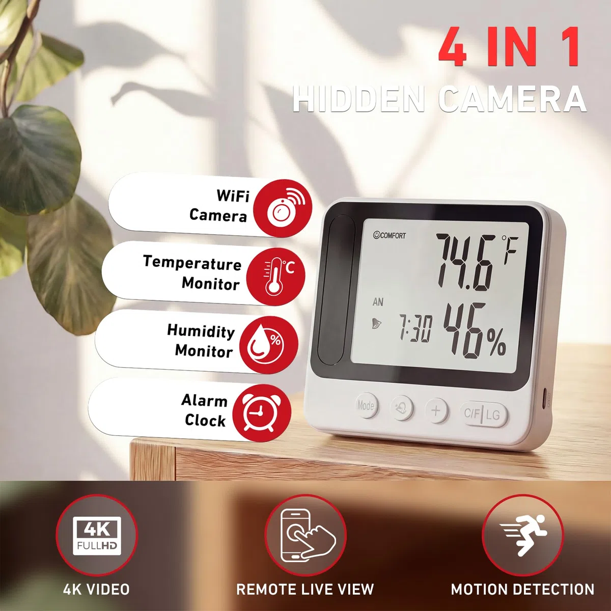 Termómetro digital con cámara oculta, 4K para interiores, WiFi, con higrómetro y monitor de humedad, 4 con visión nocturna para el hogar, habitación de bebé, oficina, estación meteorológica