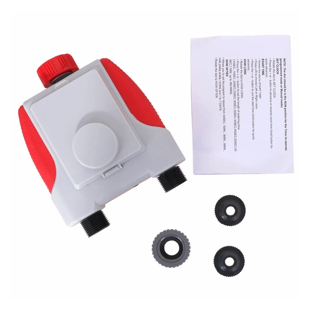 Válvula de agua inteligente Apagado Temporizador de riego automático dual de 2 salidas Válvula solenoide electrónica digital 21068 y sensor de lluvia 21103 y sensor de humedad 21106 Control remoto W