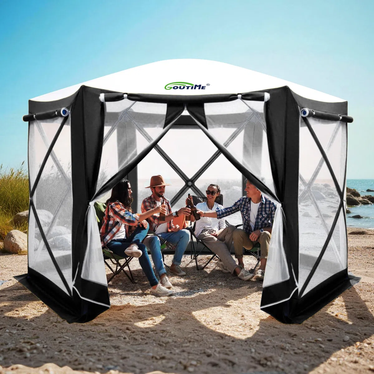 Goutime Tienda de Jardín Hexagonal 3x3m, Toldo Plegable de Apertura Rápida