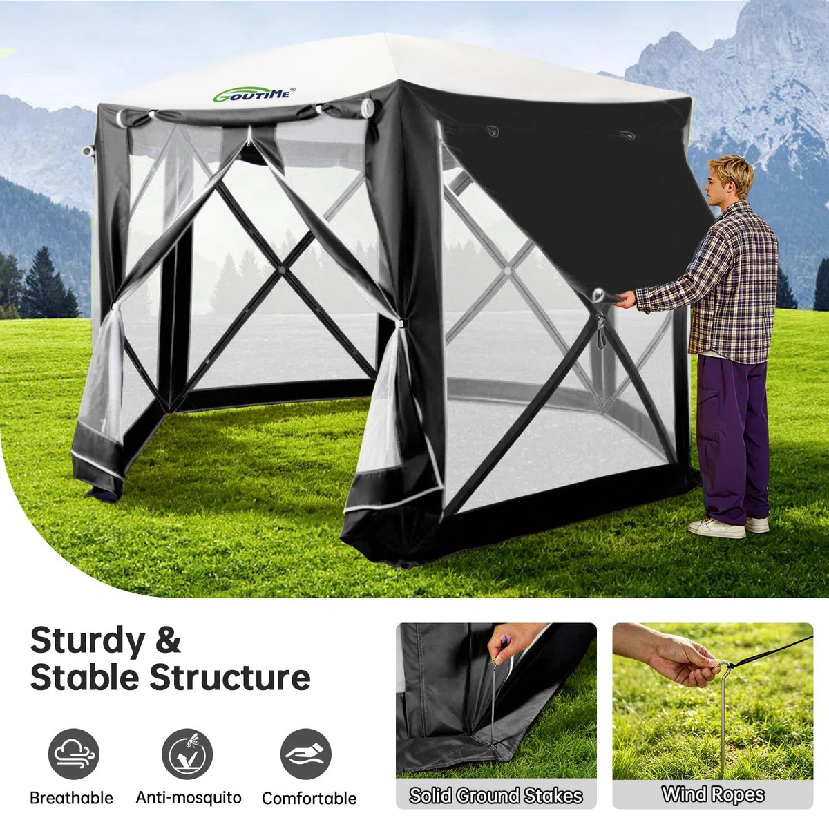Goutime Tienda de Jardín Hexagonal 3x3m, Toldo Plegable de Apertura Rápida