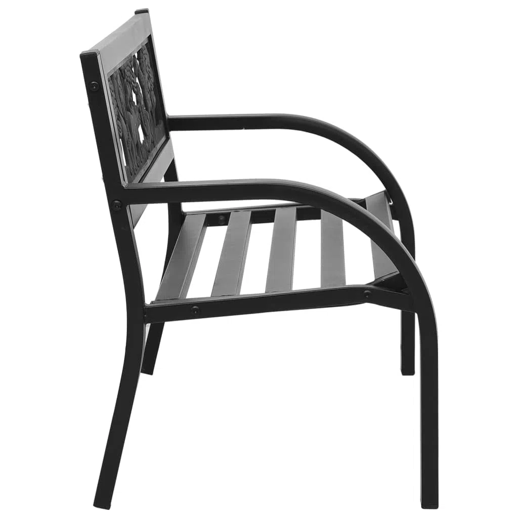Banco de jardín infantil de acero de 86 cm negro con decoración de animales, resistente a la intemperie, para jardín, terraza, balcón, banco estable para niños de hasta 110 kg con respaldo y