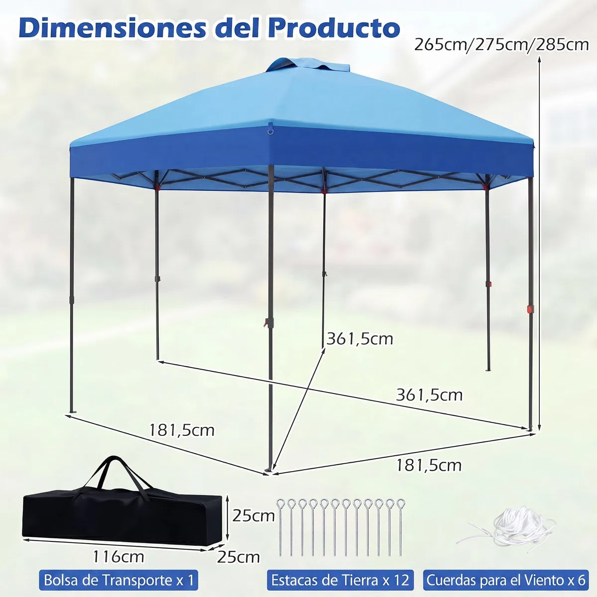 COSTWAY Carpa Plegable 3,6x3,6m, Pop up, 3 Alturas Ajustables (Azul)