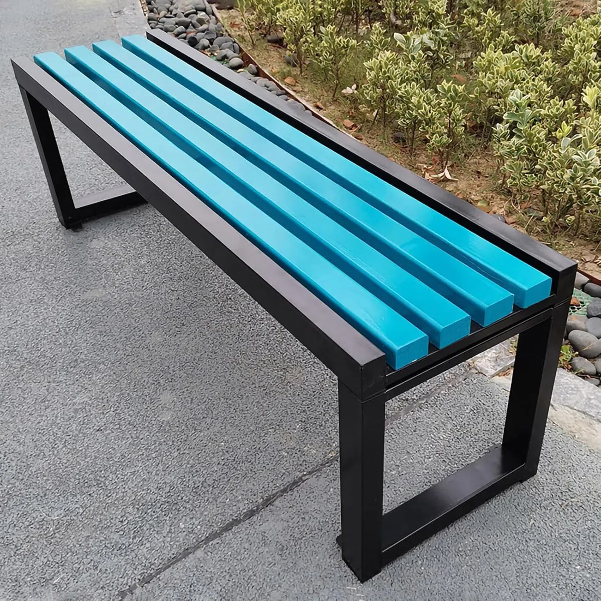 Banco de parque de madera maciza para exteriores, asiento de listones de fácil montaje, ideal para balcones, patios, escuelas, diseño azul, 100 x 40 x 45 cm, resistente a la intemperie