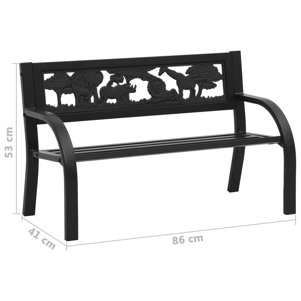 Banco de jardín infantil de acero de 86 cm negro con decoración de animales, resistente a la intemperie, para jardín, terraza, balcón, banco estable para niños de hasta 110 kg con respaldo y