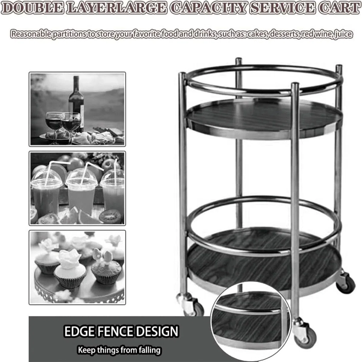 Carrito de cocina – Carrito de servicio grande plegable de acero inoxidable con ruedas, ideal para restaurantes, hoteles y uso doméstico, solución de almacenamiento versátil