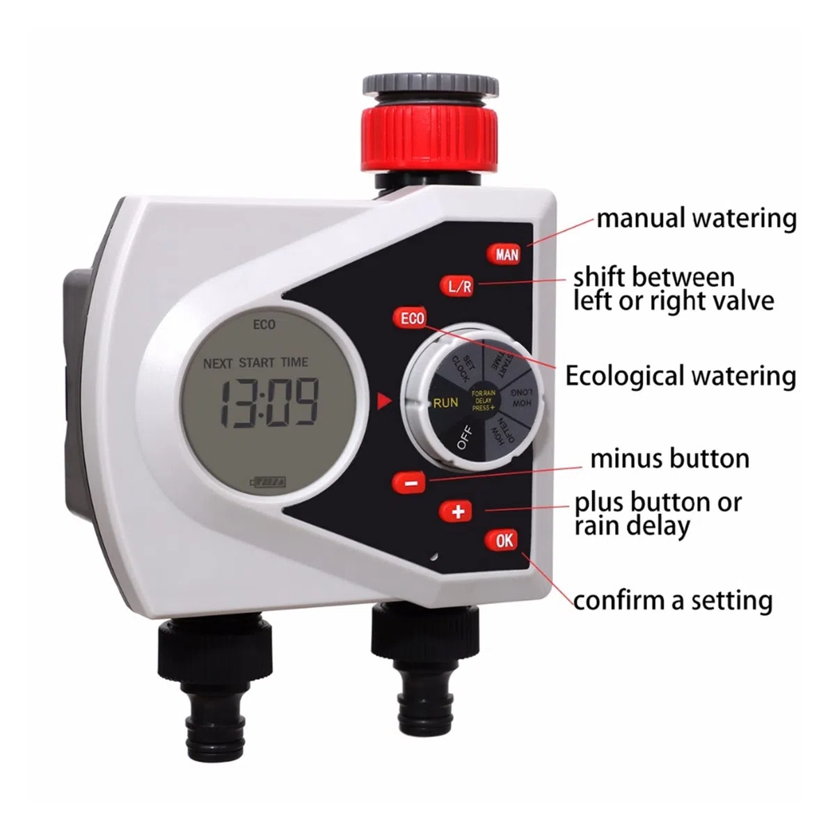 Válvula de agua inteligente Apagar Dos salidas Temporizador de aspersión Jardín Temporizador de riego automático Válvula solenoide electrónica digital Temporizador de aspersión Sistema de control de