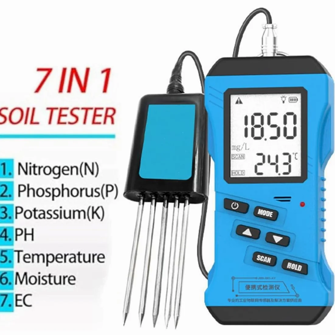 Medidor de humedad del suelo 7 en 1, probador rápido de temperatura, humedad, CE, PH, NPK, sensor preciso para jardín, césped, granja