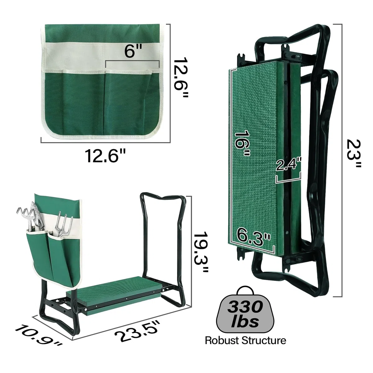 unhg - Asiento para arrodillado para jardín, con Almohadilla Gruesa Mejorada y 2 Grandes Bolsas de Herramientas, Banco Plegable Taburete de 330 Libras de Capacidad