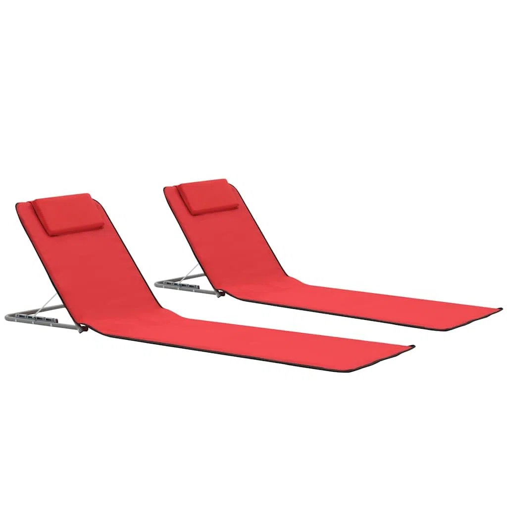 Esterilla de playa plegable, 2 unidades, acero y tela, color rojo, con reposacabezas y compartimento de almacenamiento, 160 x 53 x 47 cm, para camping, terraza, jardín, tumbona de relajación