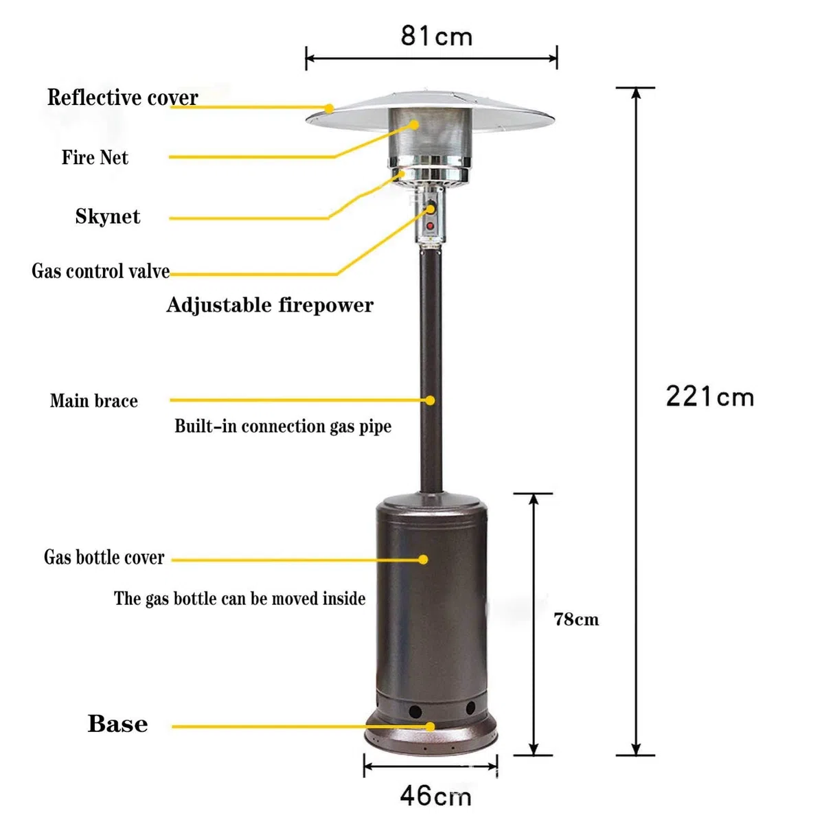 Estufa De Gas Para Exterior 13 kw Estufa Seta Calefactora Calefacción Exterior Termopatio De Calor Acero Inoxidable para terrazas, Jardines, Patios, restaurantes