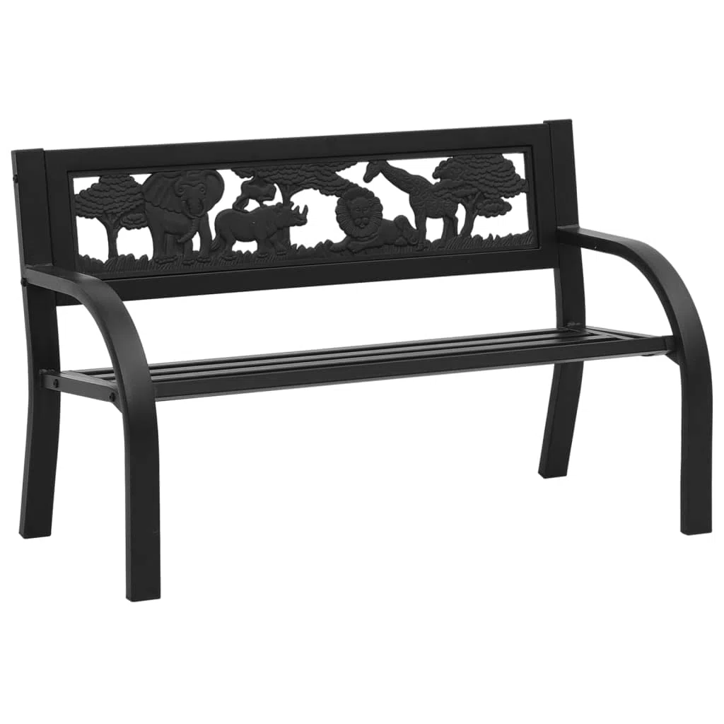 Banco de jardín infantil de acero de 86 cm negro con decoración de animales, resistente a la intemperie, para jardín, terraza, balcón, banco estable para niños de hasta 110 kg con respaldo y