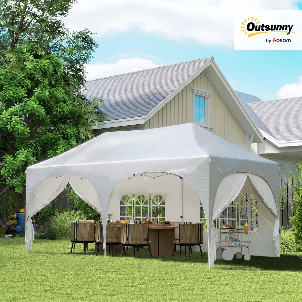 Outsunny Carpa Plegable 6x3 m Pop-up 6 Laterales Extraíbles Gris Claro