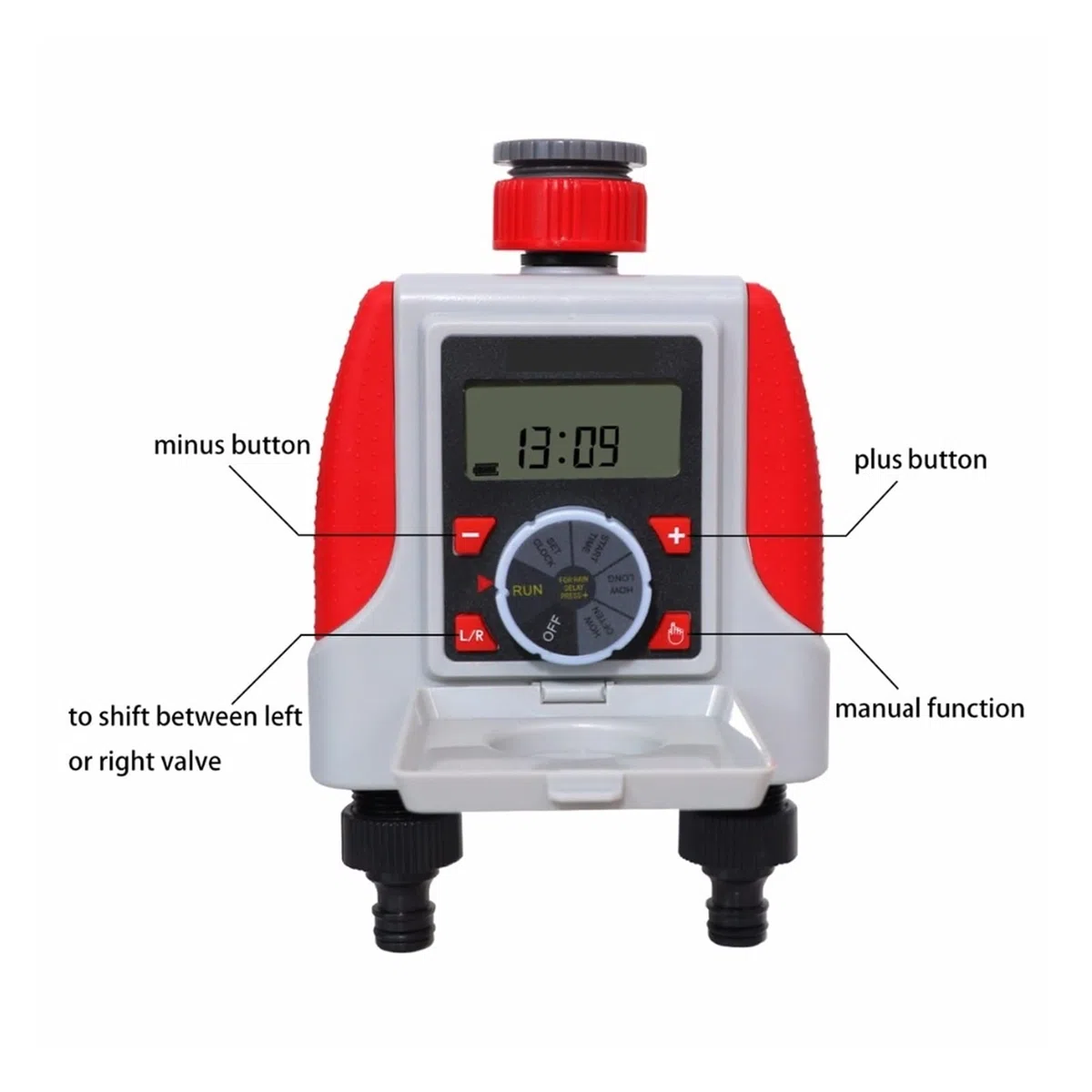 Válvula de agua inteligente Apagado Temporizador de riego automático dual de 2 salidas Válvula solenoide electrónica digital 21068 y sensor de lluvia 21103 y sensor de humedad 21106 Control remoto W