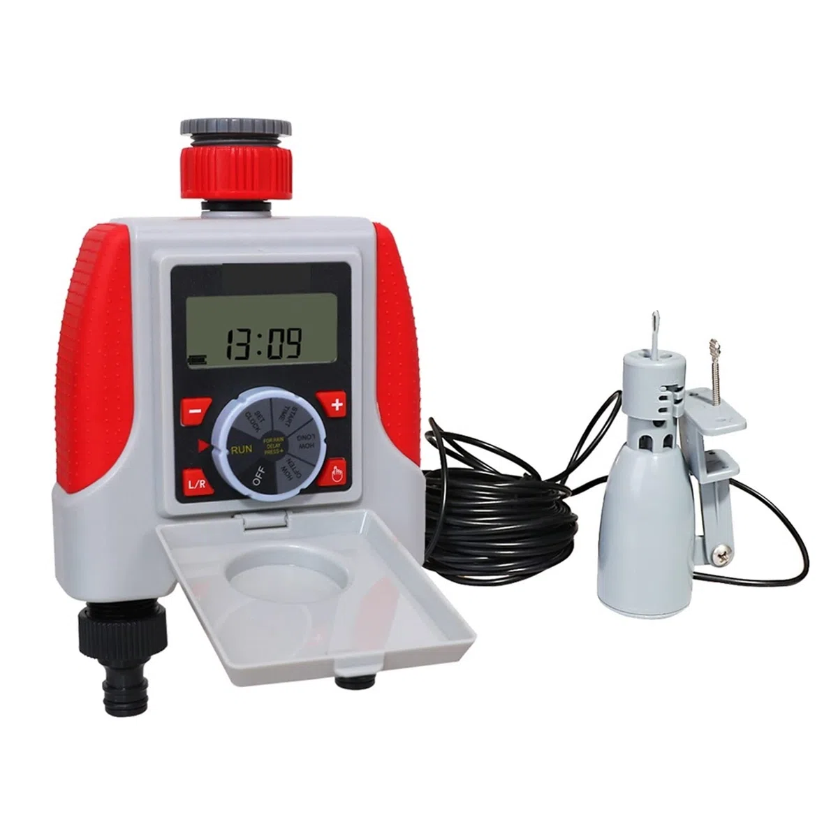 Válvula de agua inteligente Apagado Temporizador de riego automático dual de 2 salidas Válvula solenoide electrónica digital 21068 y sensor de lluvia 21103 y sensor de humedad 21106 Control remoto W