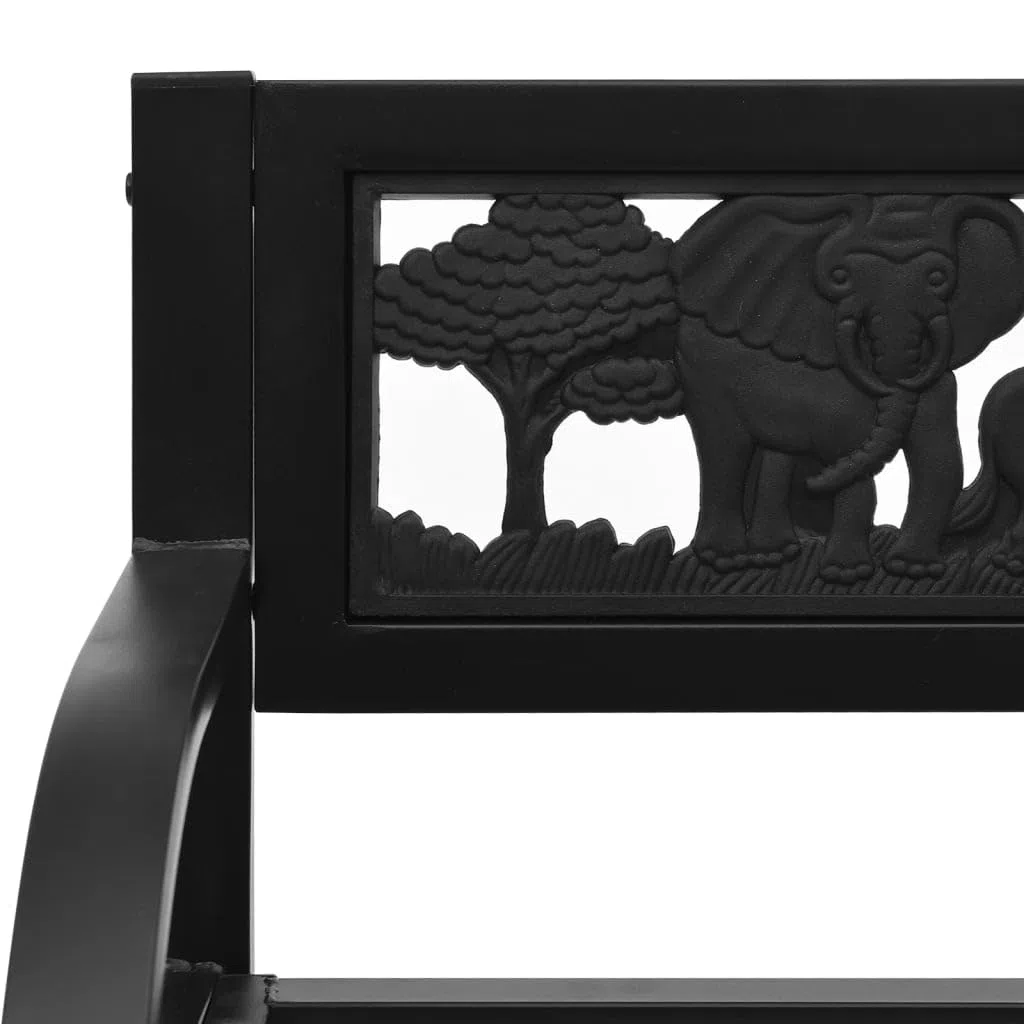 Banco de jardín infantil de acero de 86 cm negro con decoración de animales, resistente a la intemperie, para jardín, terraza, balcón, banco estable para niños de hasta 110 kg con respaldo y