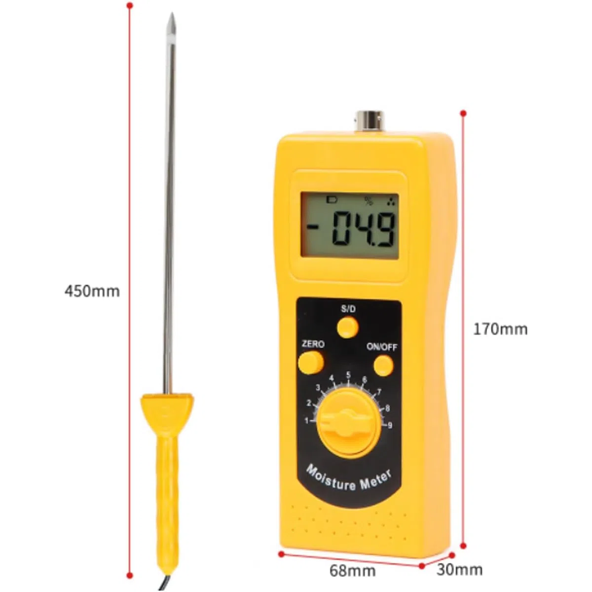 Medidor de humedad para polvo de tierra y carbón, probador de alta precisión con pantalla LCD retroiluminada HD y longitud de sonda de 450 mm para análisis de sedimentos