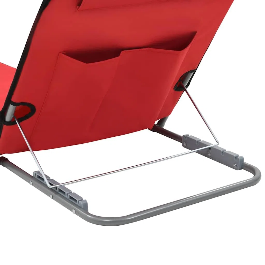 Esterilla de playa plegable, 2 unidades, acero y tela, color rojo, con reposacabezas y compartimento de almacenamiento, 160 x 53 x 47 cm, para camping, terraza, jardín, tumbona de relajación
