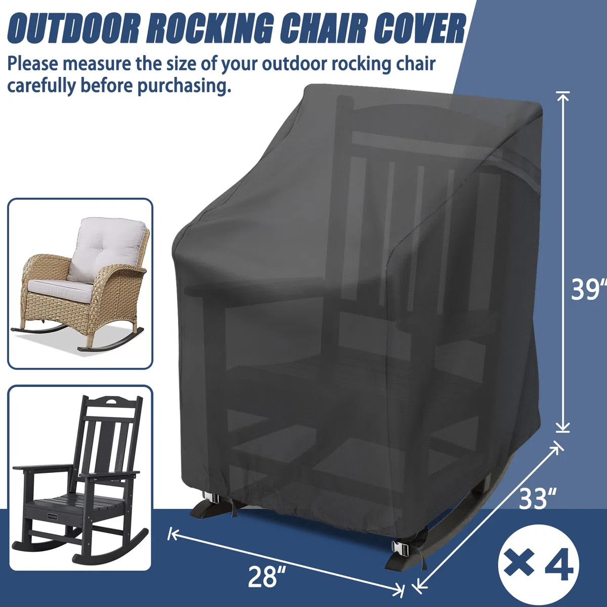 Paquete de 4 fundas para sillas mecedoras de patio, 420D, impermeable, tela Oxford, para muebles de exterior (negro, 27.5 pulgadas de largo x 32.5 pulgadas de profundidad x 39 pulgadas de alto)