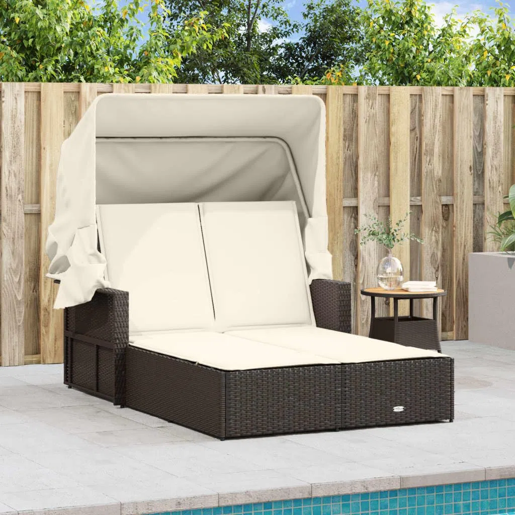 Esterilla Playa Plegable,Silla de Playa Plegable Ligera,Tumbona Doble con Capota y Cojines ratán sintético marrónAdecuado para Balcones, Jardines, Patios