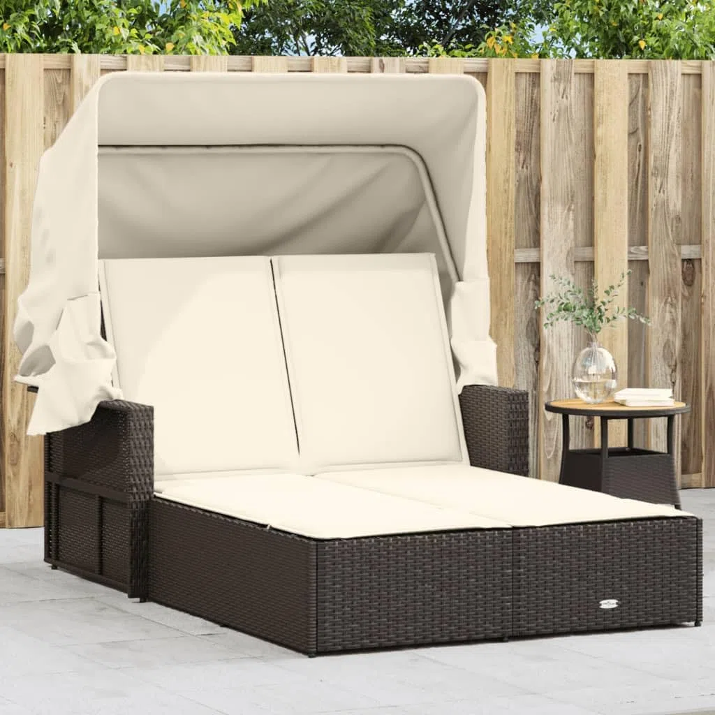 Esterilla Playa Plegable,Silla de Playa Plegable Ligera,Tumbona Doble con Capota y Cojines ratán sintético marrónAdecuado para Balcones, Jardines, Patios
