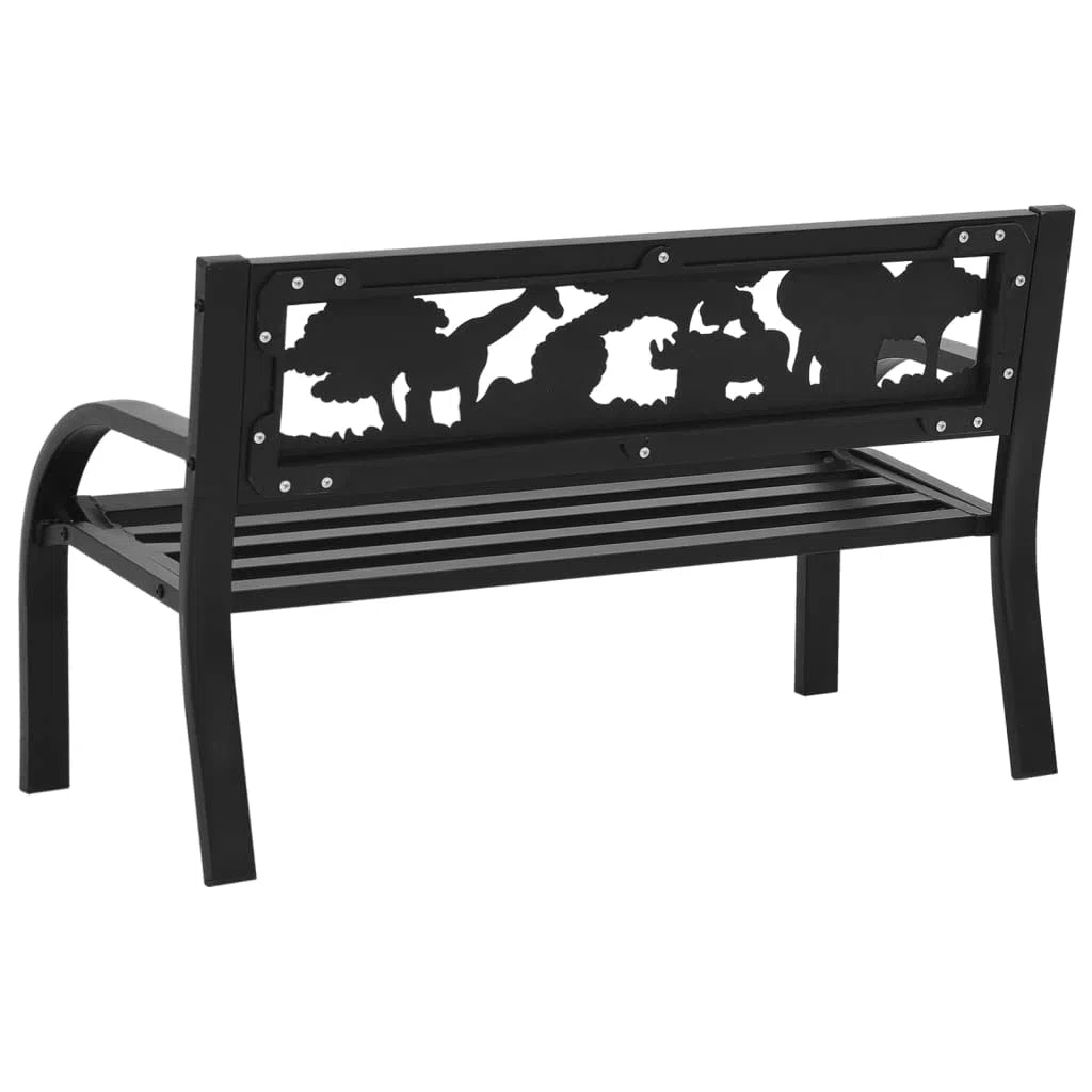 Banco de jardín infantil de acero de 86 cm negro con decoración de animales, resistente a la intemperie, para jardín, terraza, balcón, banco estable para niños de hasta 110 kg con respaldo y
