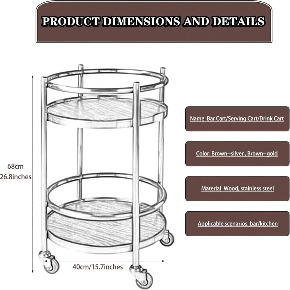 Carrito de cocina – Carrito de servicio grande plegable de acero inoxidable con ruedas, ideal para restaurantes, hoteles y uso doméstico, solución de almacenamiento versátil