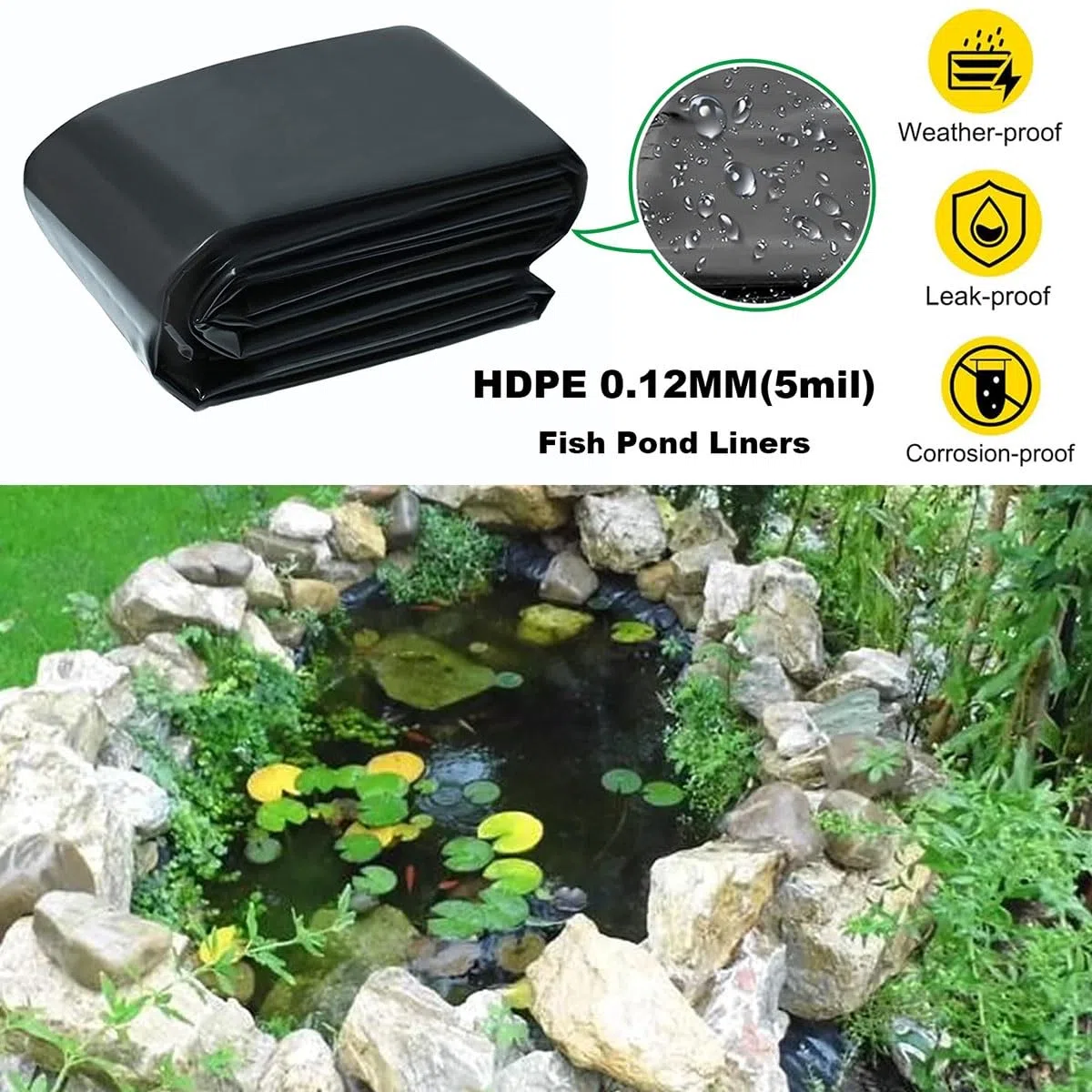 Este Revestimiento Impermeable para estanques de 6x9 m y 0,12 mm de Espesor es Ideal para estanques de jardín, Piscinas, estanques de Peces, Fuentes y Elementos acuáticos.