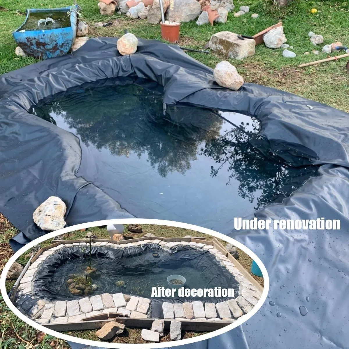 Este Revestimiento Impermeable de Alta Resistencia para estanques de koi de 10x10 m es Ideal para Fuentes, paisajismo, estanques de Peces y Elementos acuáticos de jardín.