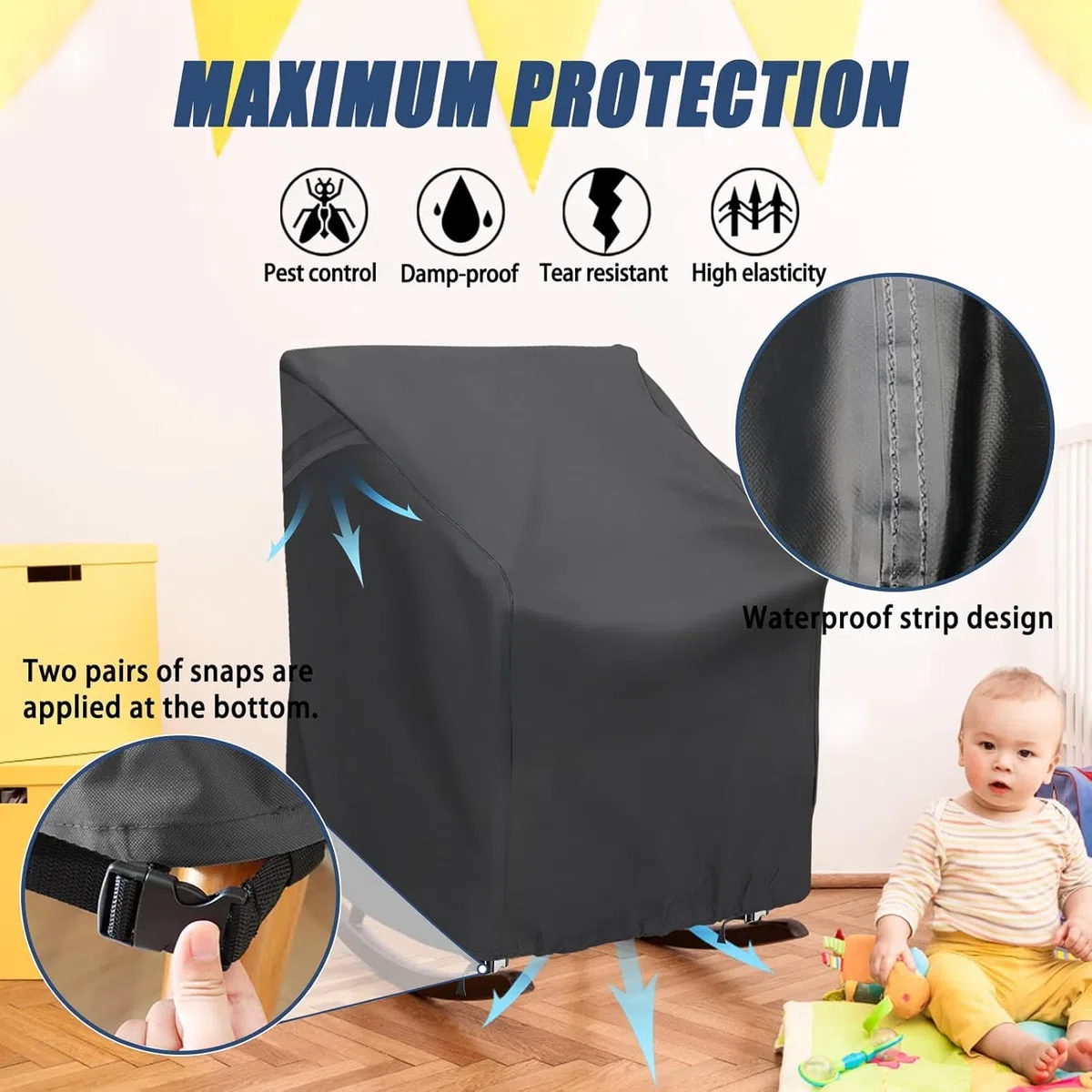 Paquete de 4 fundas para sillas mecedoras de patio, 420D, impermeable, tela Oxford, para muebles de exterior (negro, 27.5 pulgadas de largo x 32.5 pulgadas de profundidad x 39 pulgadas de alto)