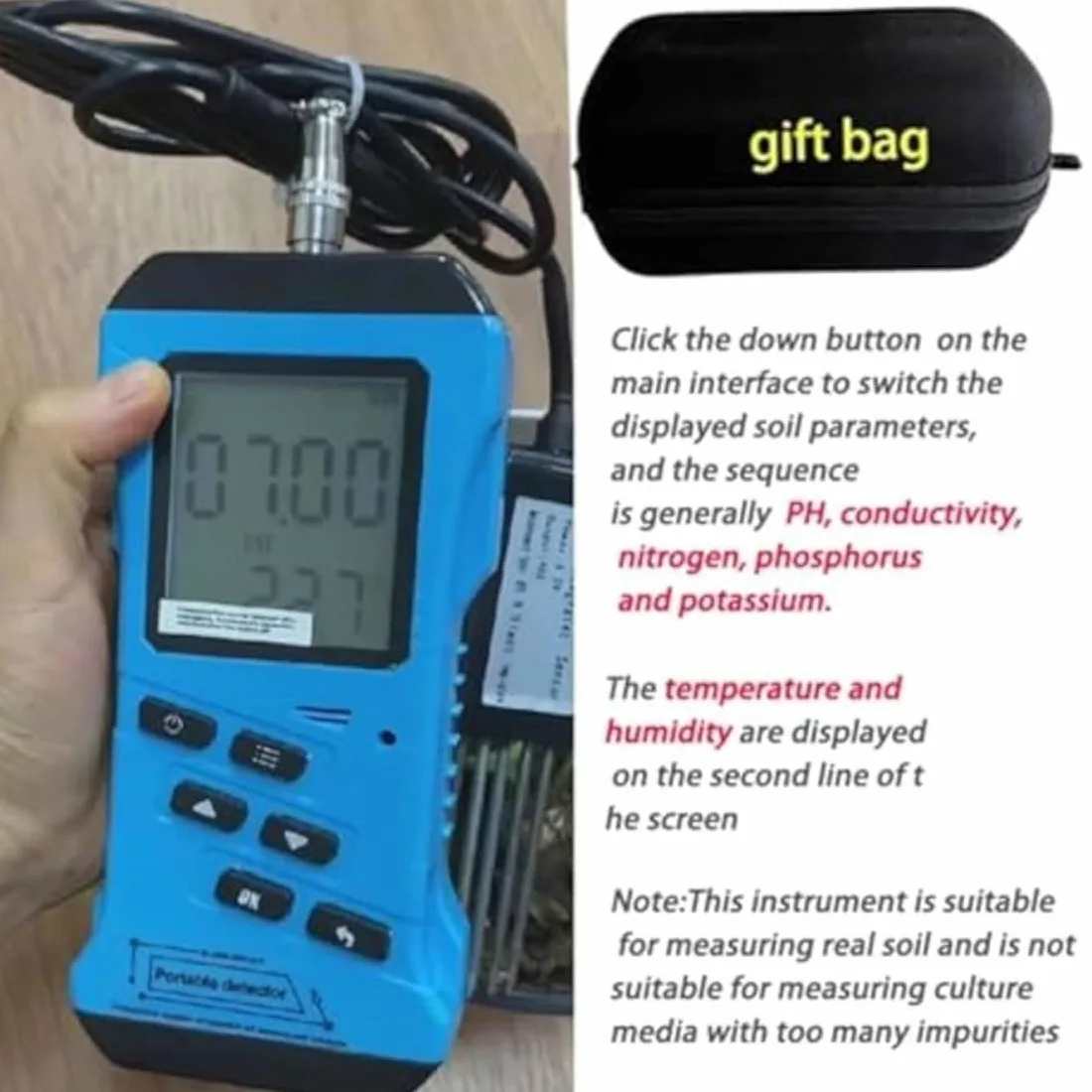Medidor de humedad del suelo 7 en 1, probador rápido de temperatura, humedad, CE, PH, NPK, sensor preciso para jardín, césped, granja